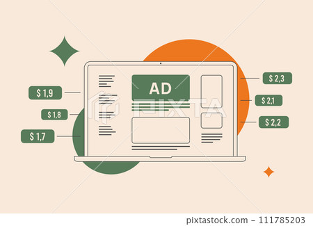 Prebid - header bidding technology enhances programmatic advertising monetization. Boost transparency and maximizes revenue for ads publishers. Outline isolated vector illustration on white background Prebid - header bidding technology enhances programmatic advertising monetization. Boost transparency and maximizes revenue for ads publishers. Outline isolated vector illustration on white background 111785203
