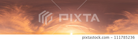 360 panorama of glowing sunset sky with bright Cirrus clouds. Seamless hdr spherical 360 panorama. Sky dome in 3D visualization, sky replacement for aerial drone panoramas. Weather and climate change. 111785236