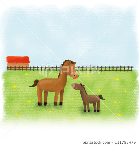 Illustration of a parent and child of horses playing on a ranch Illustration of a parent and child of horses playing on a ranch 111785479