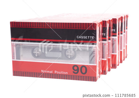 Audio cassettes tape isolated on white background, vintage 80's music concept. 111785685