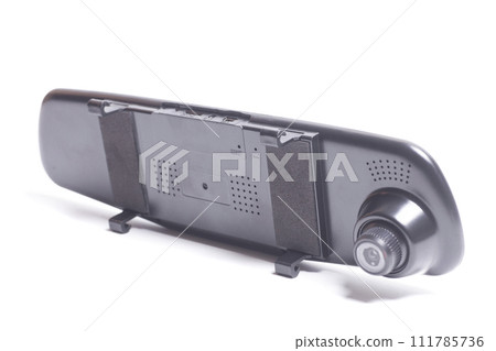 car rear view mirror with DVR isolated on white background. car rear view mirror with DVR isolated on white background. 111785736