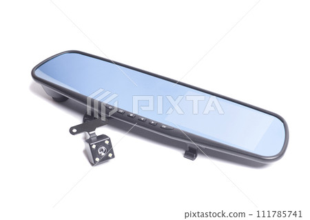 car rear view mirror with DVR and rear view camera isolated on white background. car rear view mirror with DVR and rear view camera isolated on white background. 111785741