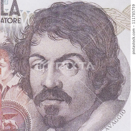 Caravaggio Portrait from Italy 100000 lire Banknotes. 111785759
