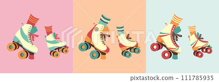 A set of roller skates on female legs with long socks in a retro palette. Women's roller skates. Vector illustration in 80s-90s style. 111785935