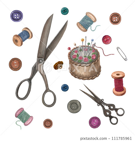 Watercolor sewing kit. Set of various vintage... - Stock Illustration ...