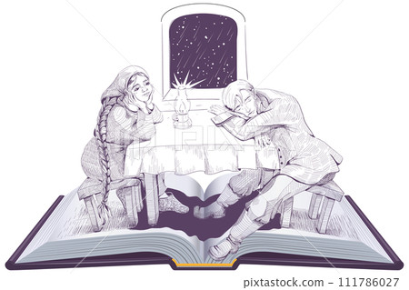 Witch story chekhov writer open book illustration man and woman page 111786027