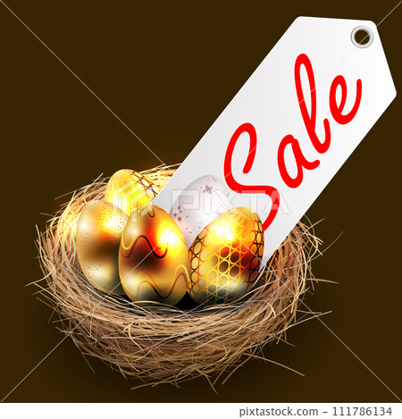 Isolated composition element, nest of golden eggs with a white tag Isolated composition element, nest of golden eggs with a white tag 111786134