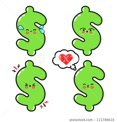 Funny cute Dollar sign characters bundle set. Vector hand drawn doodle style cartoon character illustration icon design. Isolated white background. Dollar sign mascot collection Funny cute Dollar sign characters bundle set. Vector hand drawn doodle style cartoon character illustration icon design. Isolated white background. Dollar sign mascot collection 111786618