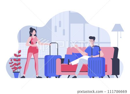 Travel vacation concept with cartoon people in flat design for web. Woman and man with suitcases luggage preparing for summer trip. Vector illustration for social media banner, marketing material. 111786669