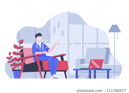 Stay at home concept with cartoon people in flat design for web. Man in mask sitting at room while coronavirus epidemic quarantine. Vector illustration for social media banner, marketing material. 111786677
