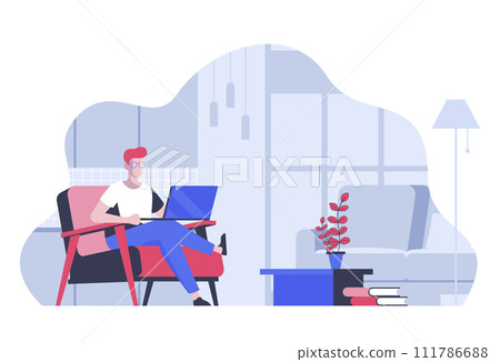 Freelancer at home concept with cartoon people in flat design for web. Remote worker doing tasks at laptop from comfy condition office. Vector illustration for social media banner, marketing material. 111786688