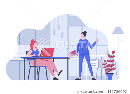 Digital marketing concept with cartoon people in flat design for web. Women team promoting product with targeting megaphone online. Vector illustration for social media banner, marketing material. 111786692