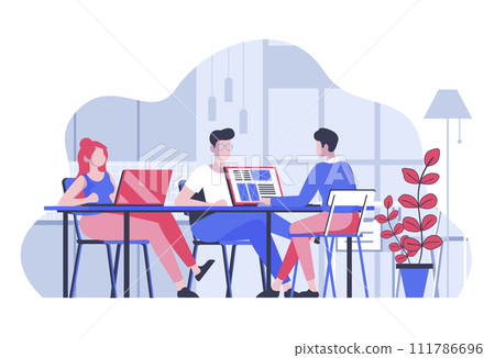 Coworking office concept with cartoon people in flat design for web. Coworkers team and freelancers working at laptop in open space. Vector illustration for social media banner, marketing material. Coworking office concept with cartoon people in flat design for web. Coworkers team and freelancers working at laptop in open space. Vector illustration for social media banner, marketing material. 111786696