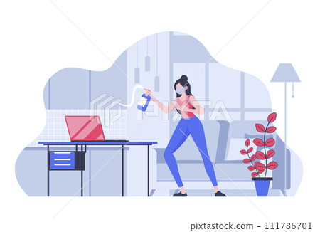 Coronavirus prevention concept with cartoon people in flat design for web. Woman in protective mask cleaning and making disinfection. Vector illustration for social media banner, marketing material. 111786701