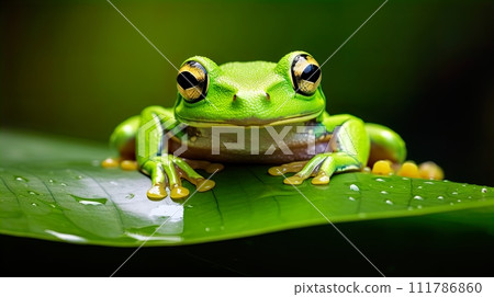 Green tree frog on a leaf in the rainforest of Costa Rica . Generate Ai 111786860