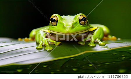 Green tree frog on a leaf in the rainforest of Costa Rica . Generate Ai 111786863