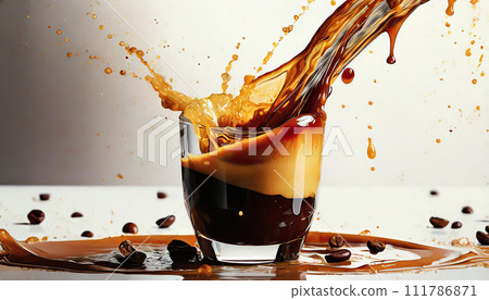 Glass cup with coffee splashing out of it 111786871