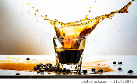 Glass cup with coffee splashing out of it Glass cup with coffee splashing out of it 111786873