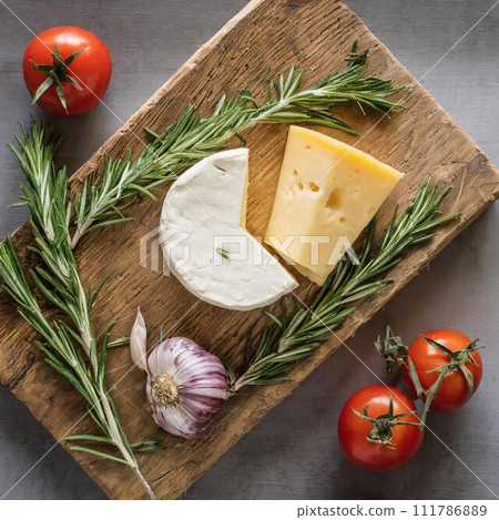 Flat lay of a healthy homemade cheese laying on the wooden board with tomatoes, gluten free Flat lay of a healthy homemade cheese laying on the wooden board with tomatoes, gluten free 111786889
