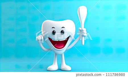 tooth character with happy expression on blue background. 3d illustration . Generate Ai 111786980