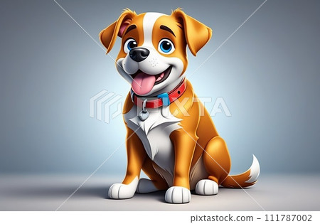 Happy cartoon puppy sitting, Isolated on blue background 111787002
