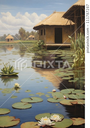 Asian landscape with water lilies 111787287