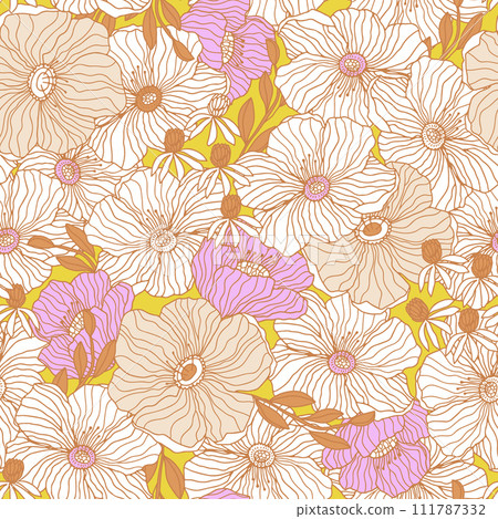 Groovy floral seamless pattern in retro style. Hand drawn blossom vintage texture. Great for fabric, textile, wallpaper. Vector illustration 111787332