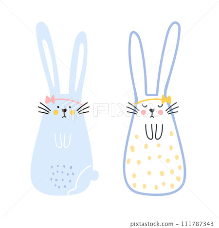 Cute Easter rabbits isolated on white. Cartoon hand drawn bunny ready for use on post cards, stickers, posters. Vector illustration 111787343