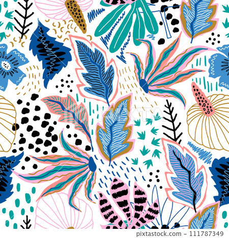 Seamless tropical pattern with hand drawn plants, leaves and exotic flowers. Jungle summer background. Perfect for fabric design, digital papers, wallpaper, apparel. Vector illustration Seamless tropical pattern with hand drawn plants, leaves and exotic flowers. Jungle summer background. Perfect for fabric design, digital papers, wallpaper, apparel. Vector illustration 111787349