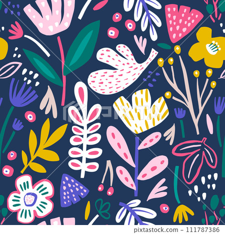 Seamless floral pattern. Botanical abstract flowers. Blossom vector background great for fabric, textile Seamless floral pattern. Botanical abstract flowers. Blossom vector background great for fabric, textile 111787386