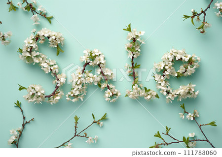 The word SALE made of blooming tree branches. Cherry blossoms forming sign Sale, discount symbol. Spring sale card for social media promotion. Black Friday sale, shopping season banner 111788060