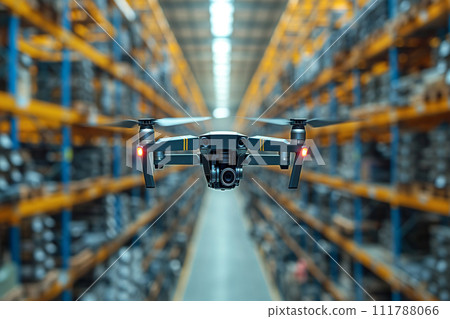 FPV drone is flying through the warehouse. Drone with digital camera, modern innovative technology, robotics, parcel drone. Smart automation, delivery innovations, automatic logistics management FPV drone is flying through the warehouse. Drone with digital camera, modern innovative technology, robotics, parcel drone. Smart automation, delivery innovations, automatic logistics management 111788066