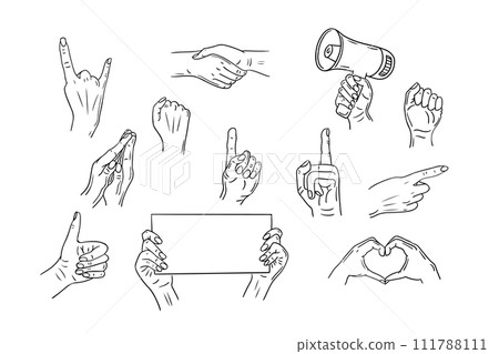 Hands gestures contour hand drawn sketchy set. Female hands. Feminism concept. Ideal for coloring pages, tattoo, pattern Hands gestures contour hand drawn sketchy set. Female hands. Feminism concept. Ideal for coloring pages, tattoo, pattern 111788111