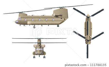 Military transport helicopter. Isolated 3D drawing of armed copter. Top, front and side views. Industrial blueprint of war force aviation. USA army cargo vehicle 111788135