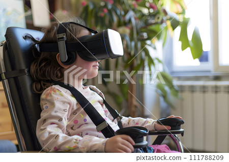 AI-generated content. Twchnology in Medicine - child wearing VR sets for rehabilitation 111788209