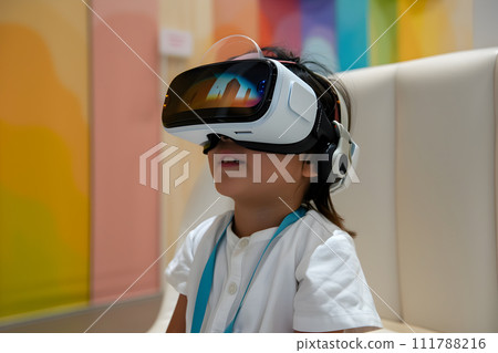 AI-generated content. Twchnology in Medicine - child wearing VR sets for rehabilitation 111788216