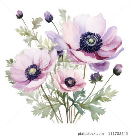 Painted Watercolor Flowers Anemones. AI-generated content. 111788243