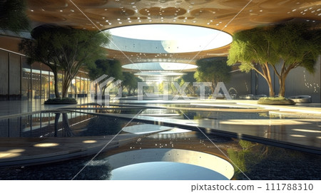 AI-generated content. "Eco-friendly urban oasis: lush greenery in a modern glass building at sunset" 111788310