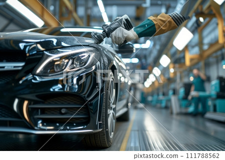 AI-generated content. Close-up A man's hand in a protective cotton glove, using special means, puts the finishing touches on the car body after painting in the garage. Business concept of car repair 111788562