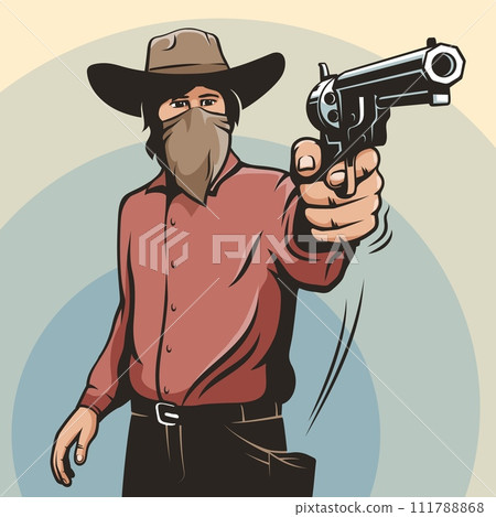 Cowboy in a Stetson Hat Pointing a Revolver in a Duel Standoff at High Noon Cowboy in a Stetson Hat Pointing a Revolver in a Duel Standoff at High Noon 111788868