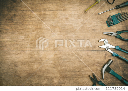 Set of tools on wooden background, Set of tools on wooden background, 111789014
