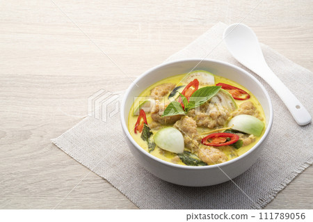 Thai Green Curry with Bouncy Pork and eggplant is a central Thai variety of curry (Gaeng Kiew Wan Moo Deng) Thai Green Curry with Bouncy Pork and eggplant is a central Thai variety of curry (Gaeng Kiew Wan Moo Deng) 111789056
