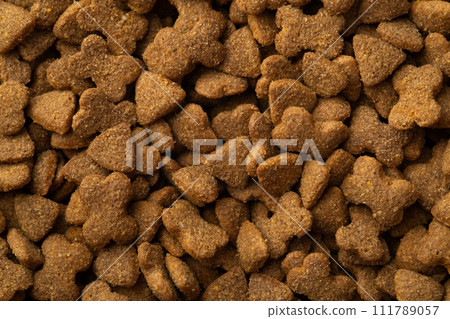 Close up dry kibble dog food for background Close up dry kibble dog food for background 111789057