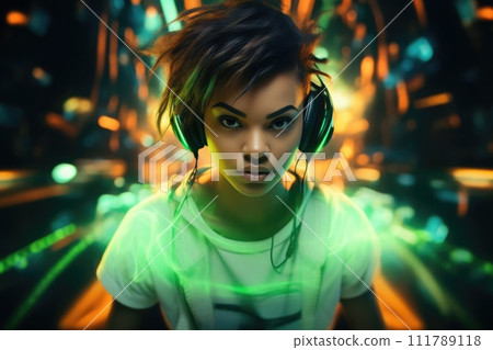 Dynamic portrait of a young woman with headphones, illuminated by vibrant neon lights with a futuristic urban background. 111789118