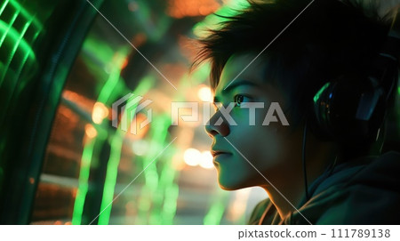 A young person with headphones illuminated by dynamic neon lights, reflecting a mood of concentration and high-tech ambiance 111789138