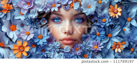 Beautiful female face on paper flowers background. 111789197