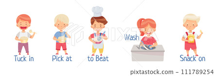 Children Cooking in Kitchen Demonstrate Action Verb Vector Set 111789254