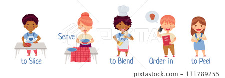 Children Cooking in Kitchen Demonstrate Action Verb Vector Set Children Cooking in Kitchen Demonstrate Action Verb Vector Set 111789255