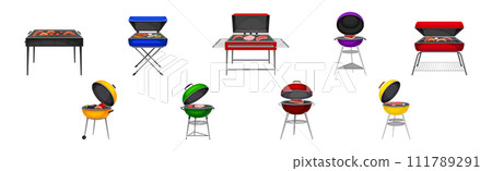 Barbecue Grill with Food Cooking on It Vector Set Barbecue Grill with Food Cooking on It Vector Set 111789291