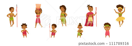 African Tribe People Character with Native Man and Woman with Kid Vector Set 111789316